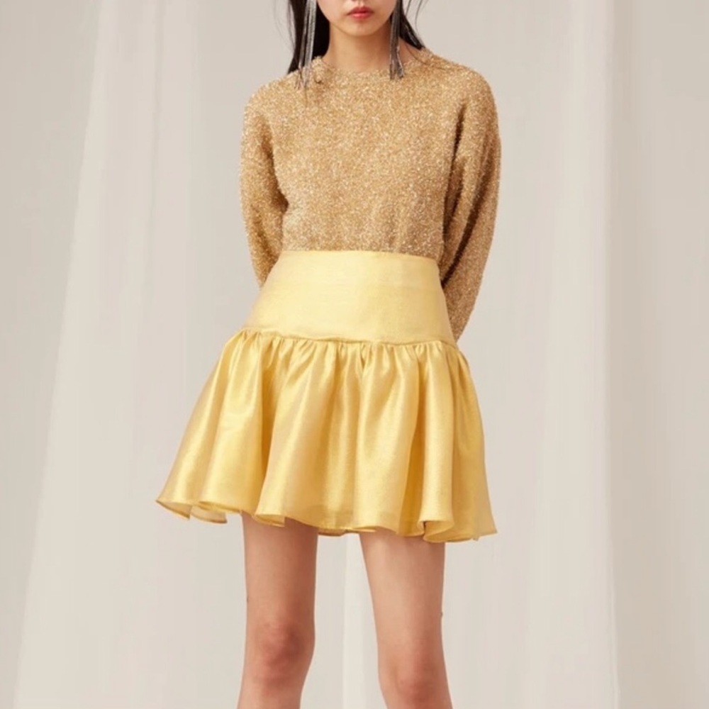 NWT Keepsake Caution Mini Skirt Poofy Shimmer Ruffle Gold Pleated Sparkle sz 6